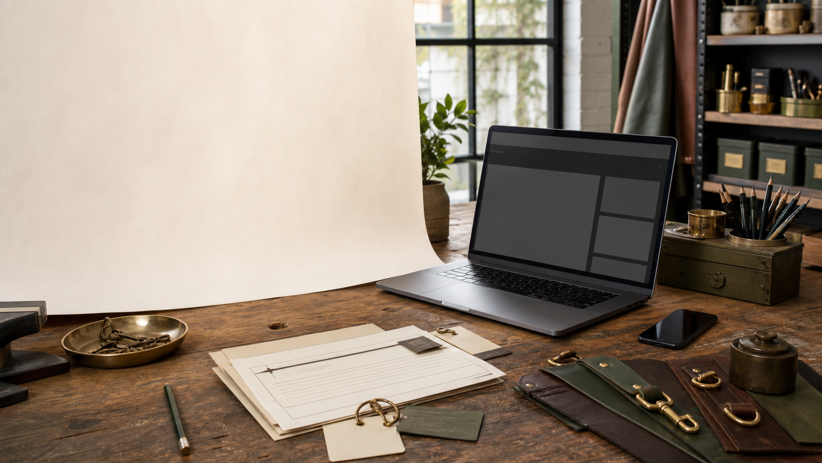 A warm workbench with a laptop, tools, and practical shop notes.